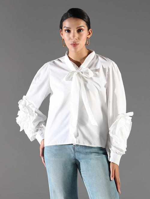 women white solid tie-up neck regular top - 21697012 - Standard Image - 0