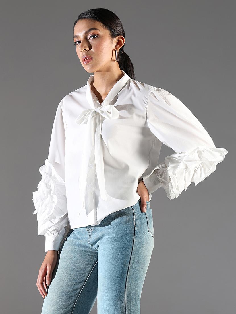 women white solid tie-up neck regular top - 21697012 - Standard Image - 2
