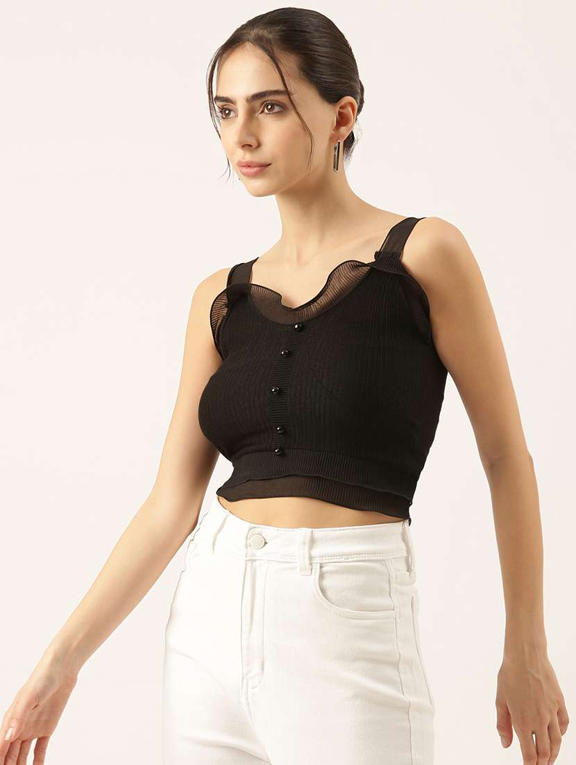 women solid shoulder strap neck crop top - 21697017 -  Standard Image - 2
