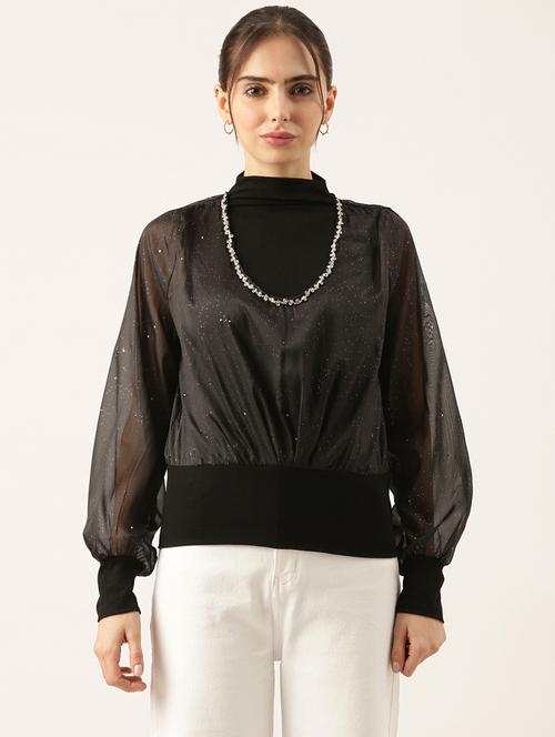 women black embellished puff sleeve top - 21697032 - Standard Image - 0