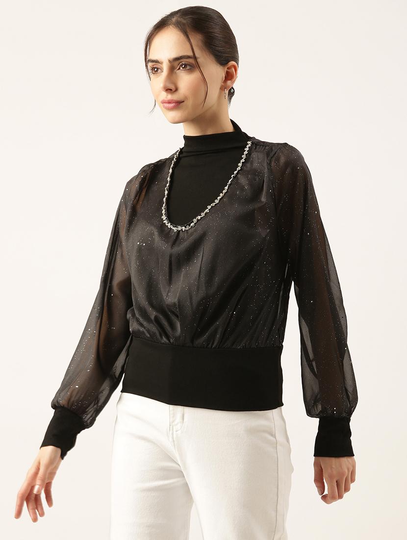 women black embellished puff sleeve top - 21697032 - Standard Image - 2