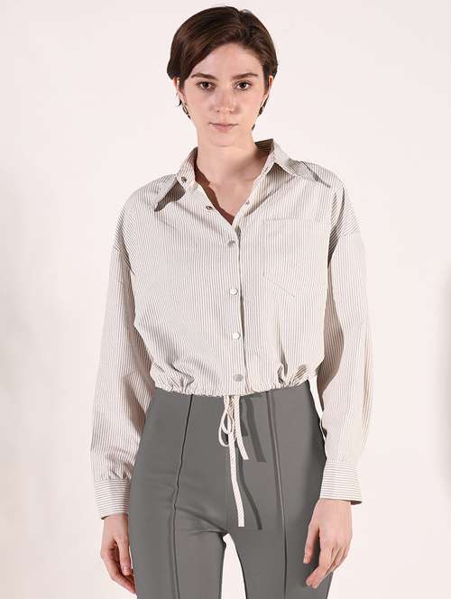 women beige stripes long sleeve shirt top - 21697034 - Standard Image - 0