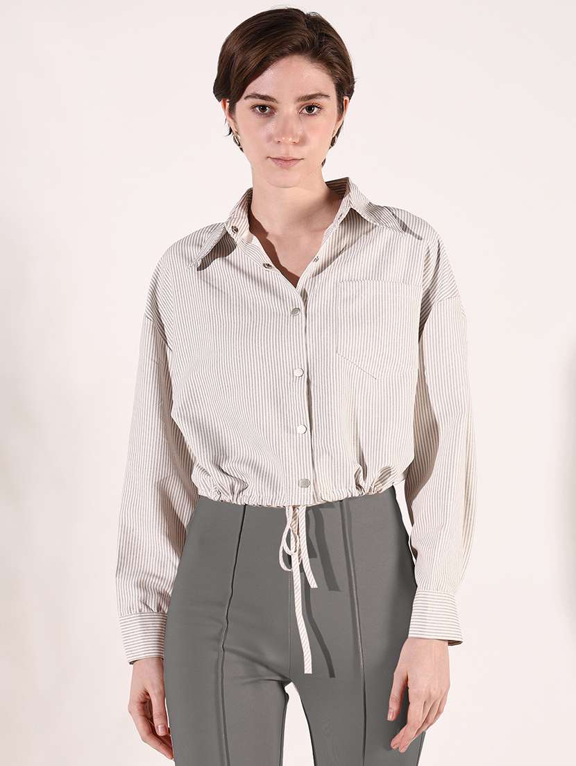 women beige stripes long sleeve shirt top - 21697034 - Zoom Image - 0