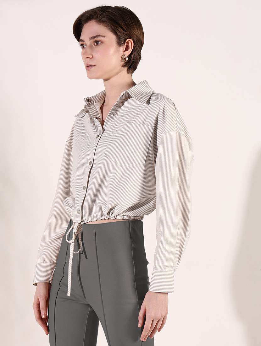 women beige stripes long sleeve shirt top - 21697034 - Standard Image - 2