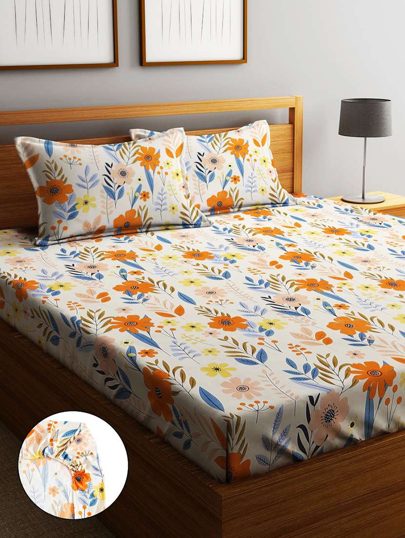 home sizzler 210tc garden grace elastic fitted double bedsheet (72x78 inch) with 2 king size pillow covers