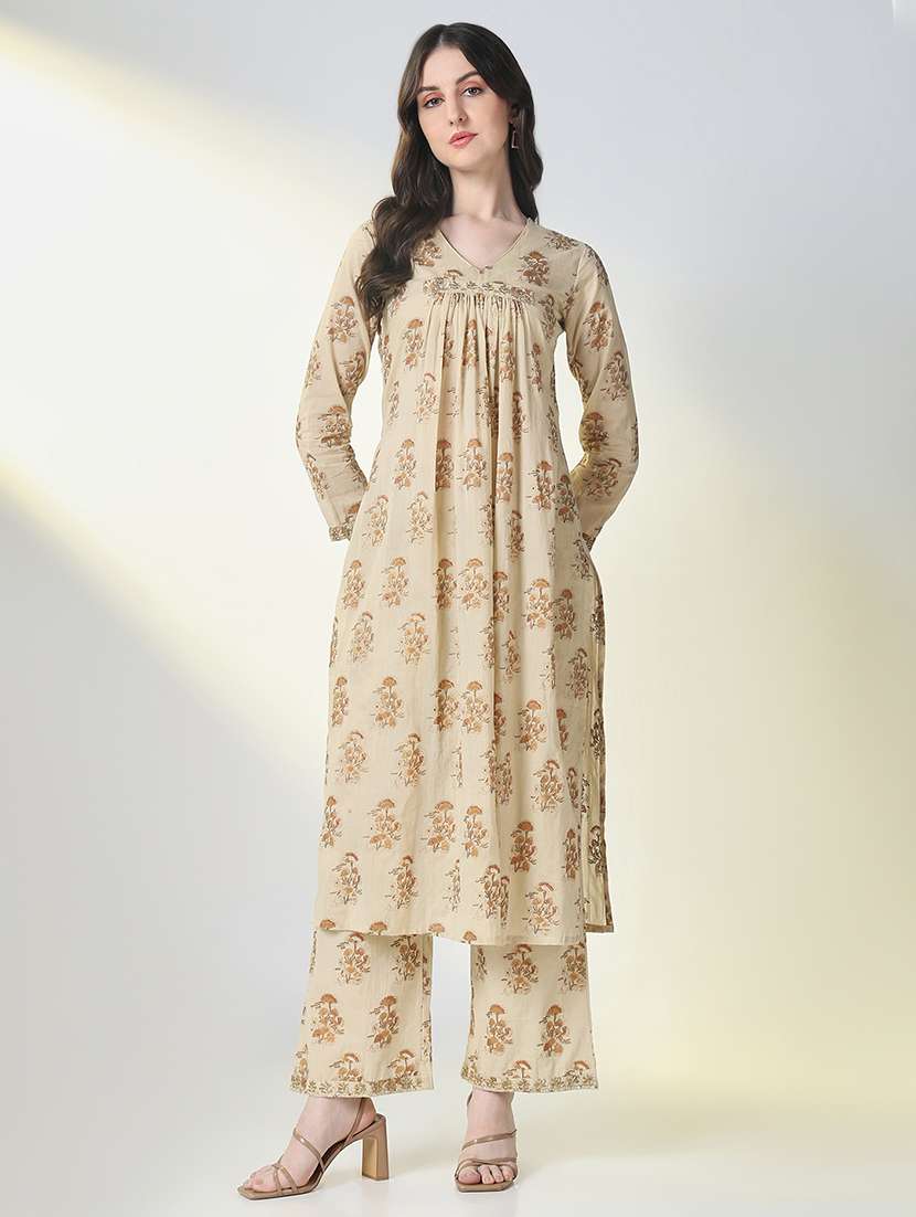 women beige floral printed kurta palazzo set