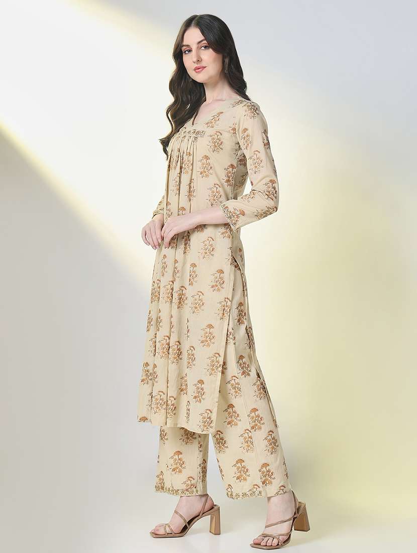 women beige floral printed kurta palazzo set - 21697067 -  Standard Image - 2