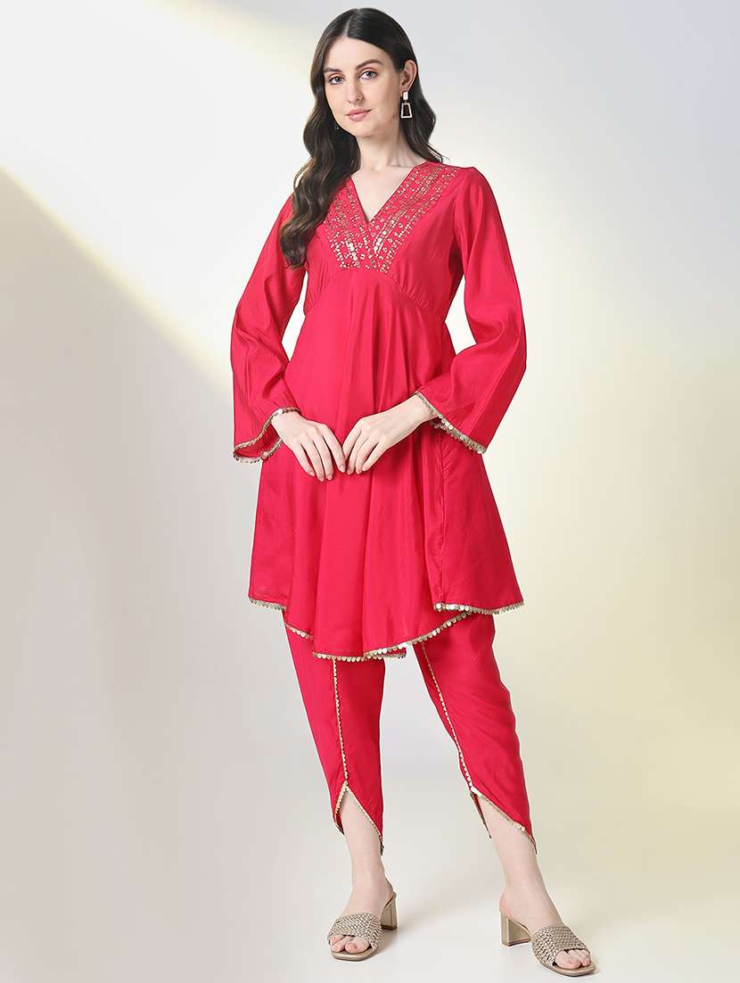 women pink three quarter sleeve dhoti kurta set