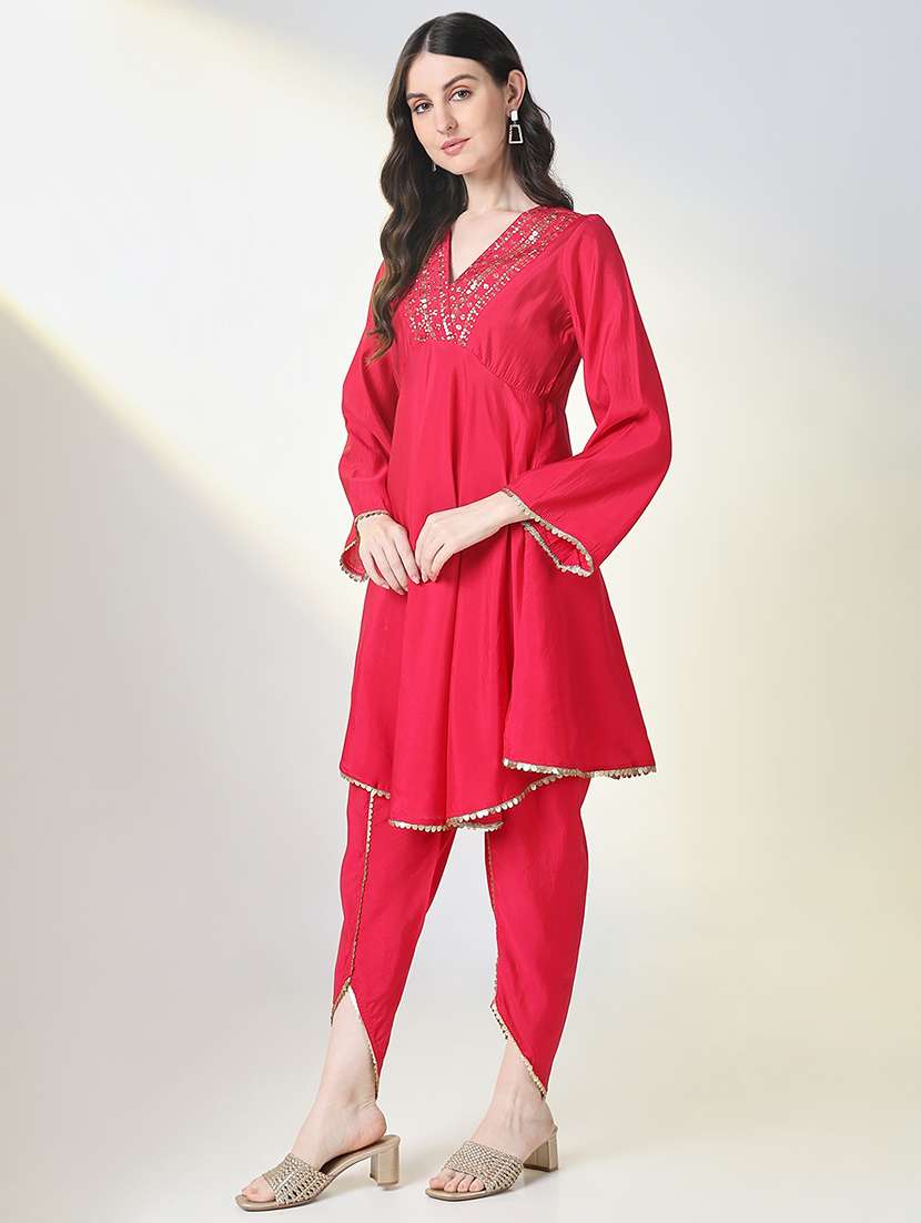 women pink three quarter sleeve dhoti kurta set - 21697080 -  Standard Image - 2