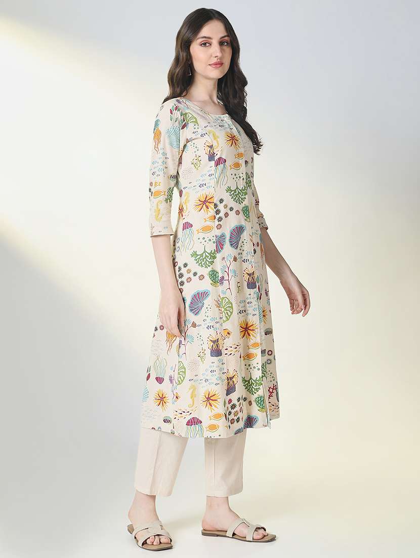 women printed three quarter sleeve kurta pant set - 21697084 -  Standard Image - 2