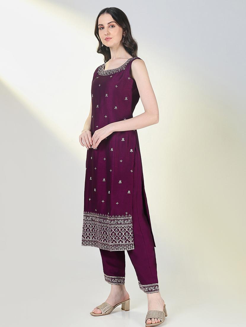 women purple sleeveless kurta pant with dupatta set - 21697089 - Standard Image - 2