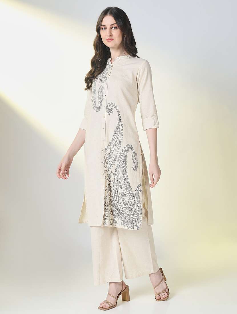 women off white roll up sleeve kurta palazzo set - 21697091 -  Standard Image - 2