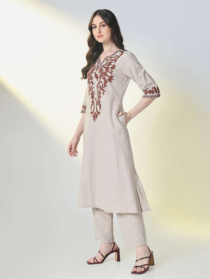 women embroidered three quarter sleeve kurta pant set - 21697092 -  Standard Image - 2