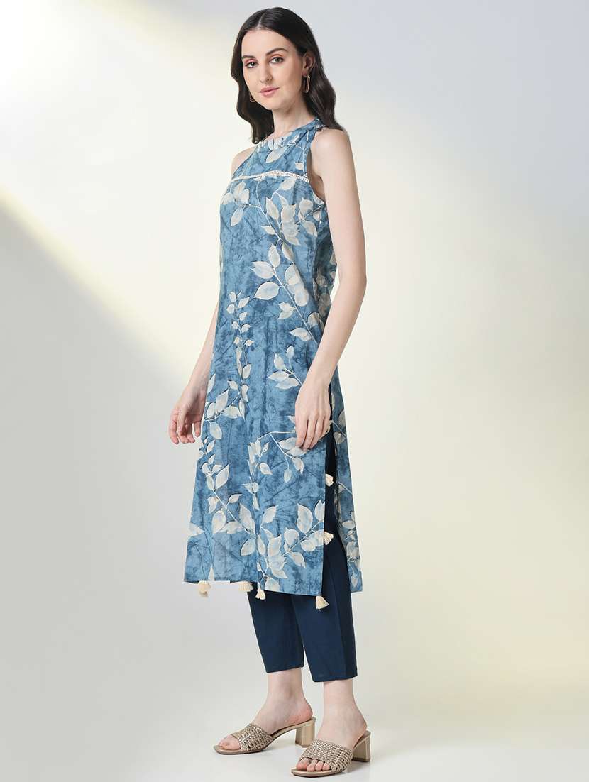 women blue printed sleeveless kurta pant with dupatta set - 21697093 -  Standard Image - 2