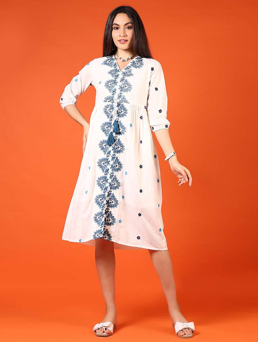 women off white embroidered line ethnic dress