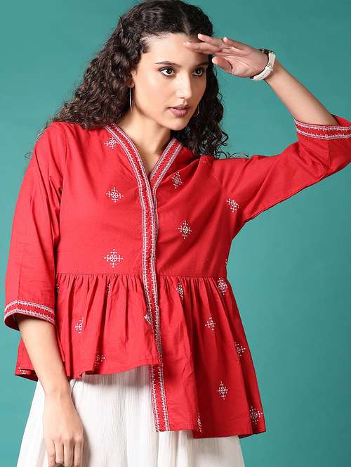 women red embroidered v neck asymmetric top - 21697628 - Standard Image - 0