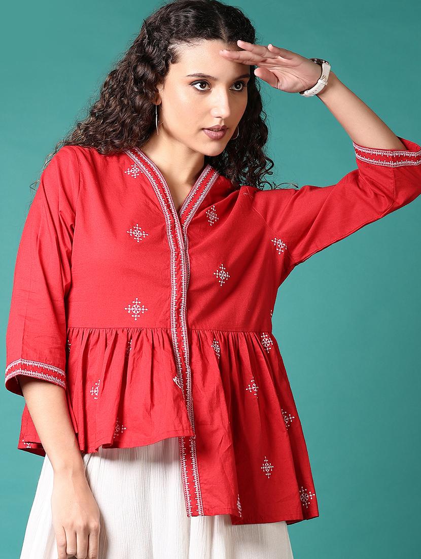 women red embroidered v neck asymmetric top