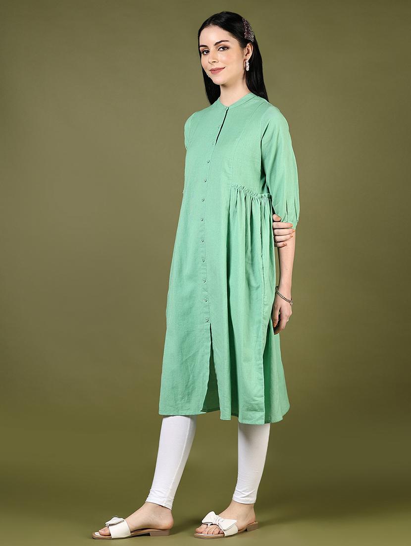 women solid puff sleeves a-line kurta - 21697630 - Standard Image - 2