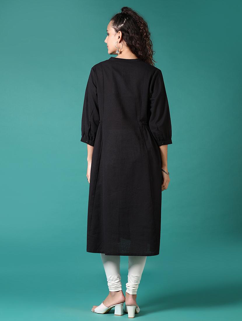 women solid three quarter sleeve a-line kurta - 21697631 - Standard Image - 2
