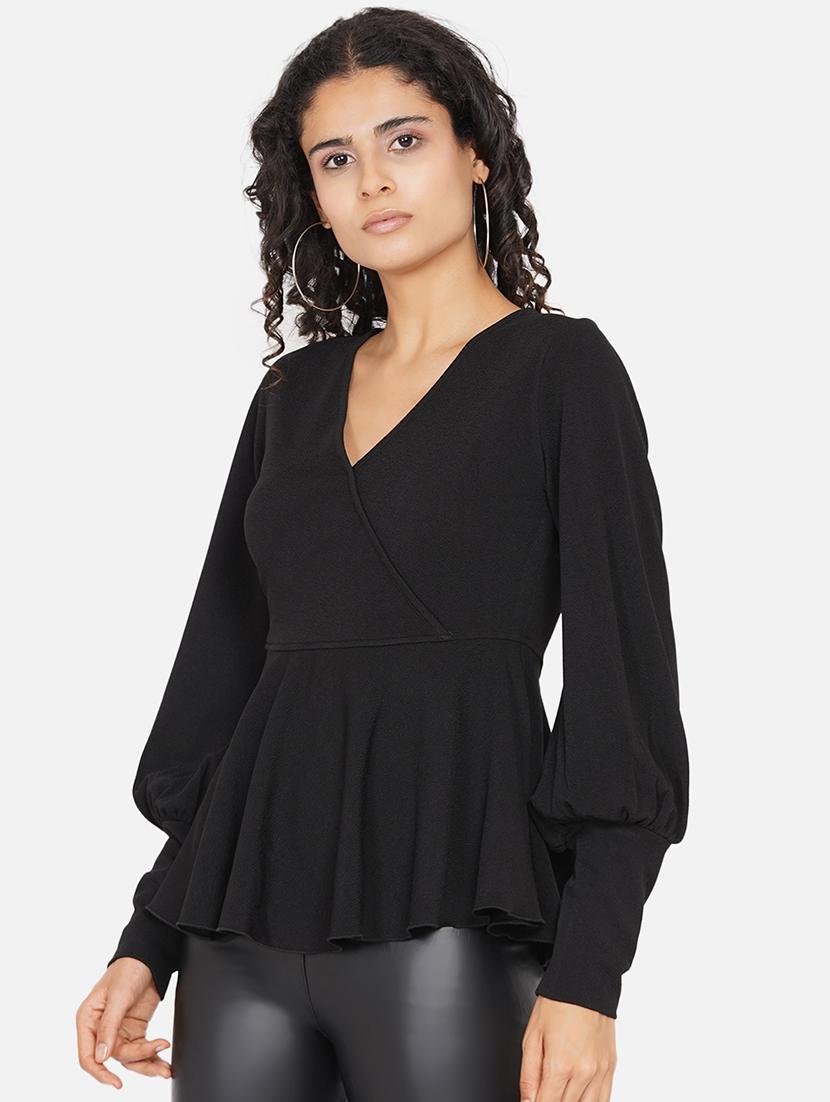 women solid bishop sleeves peplum top - 21697789 - Standard Image - 2