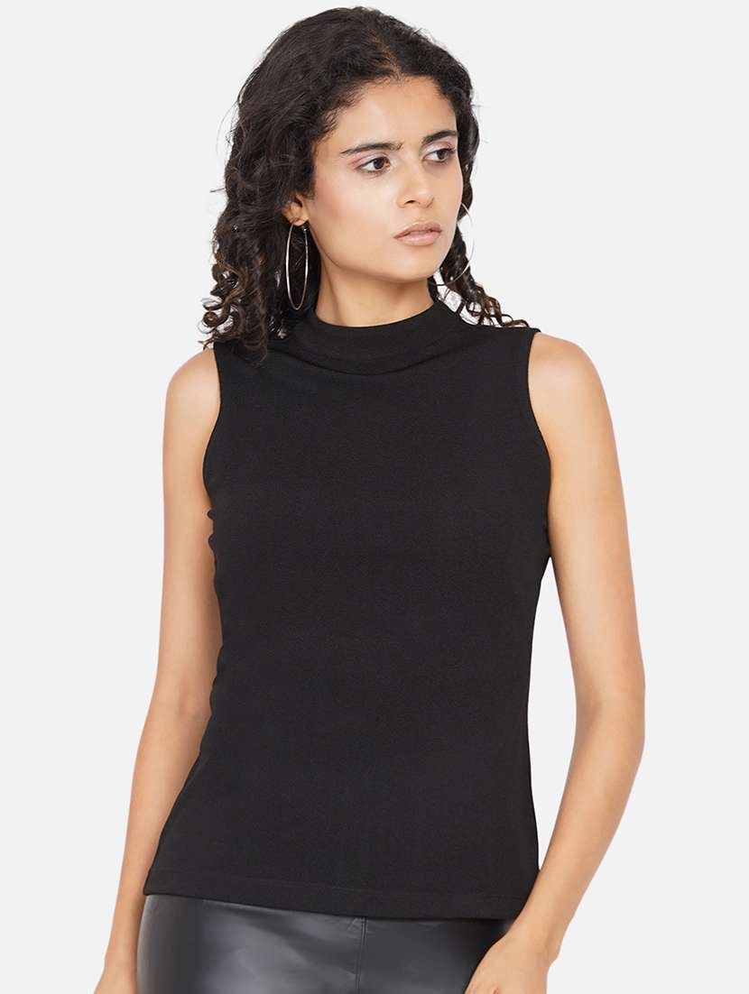 women solid mock neck sleevelss regular top