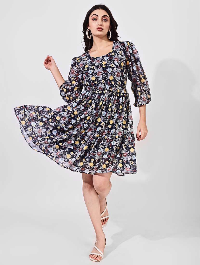 women printed puff sleeves tiered dress