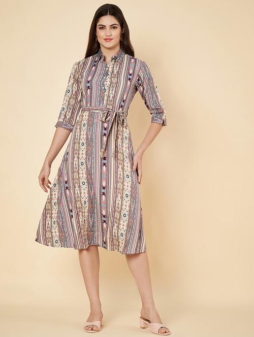 women printed collared long sleeves a-line dress - 21697925 -  Standard Image - 0
