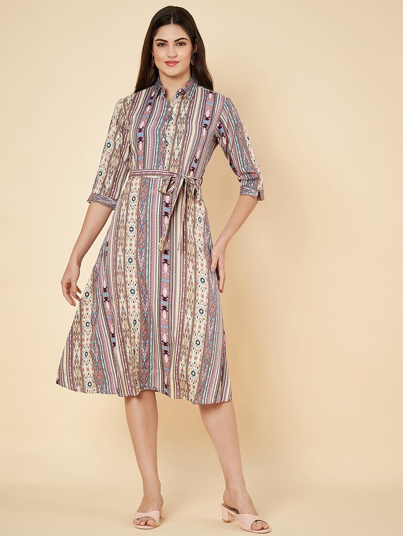 women printed collared long sleeves a-line dress - 21697925 -  Zoom Image - 0