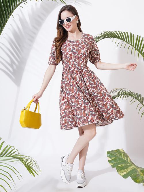 women printed puff sleeves fit & flare dress - 21697931 -  Standard Image - 0