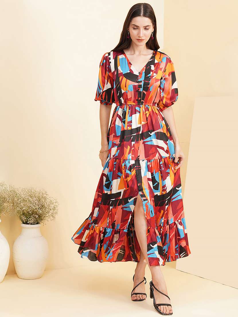 women printed puff sleeves tiered dress