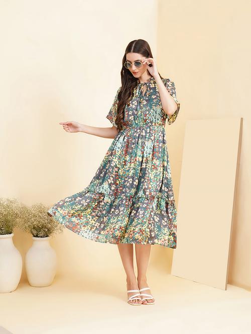 women printed tie up neck tiered dress - 21697939 - Standard Image - 0