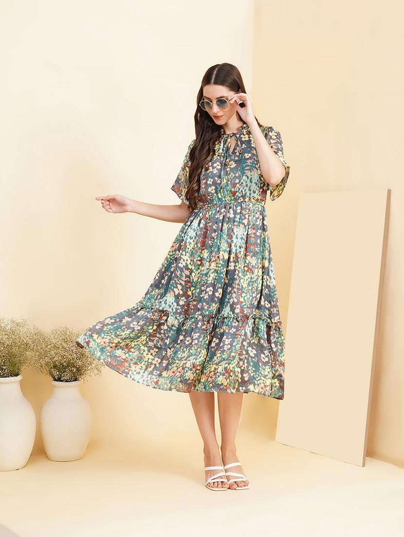 women printed tie up neck tiered dress - 21697939 - Zoom Image - 0