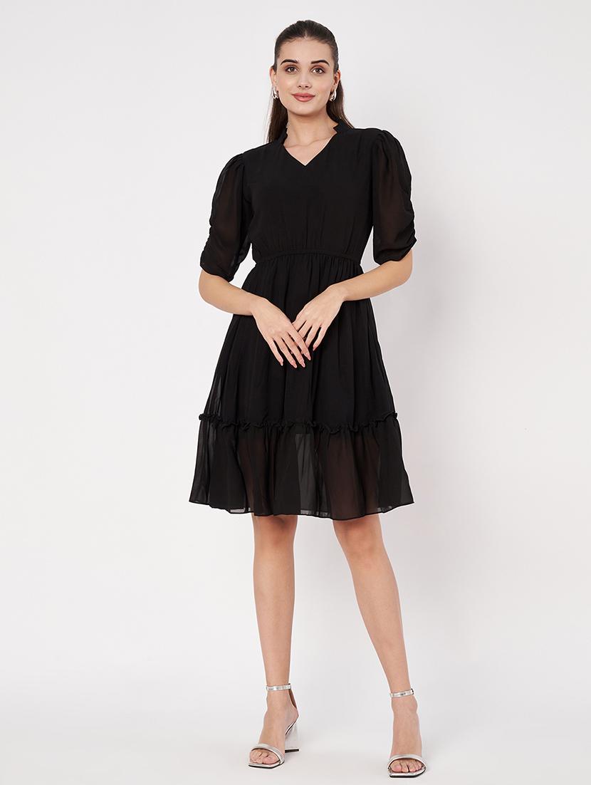 women solid puff sleeves tiered dress - 21697945 - Zoom Image - 0