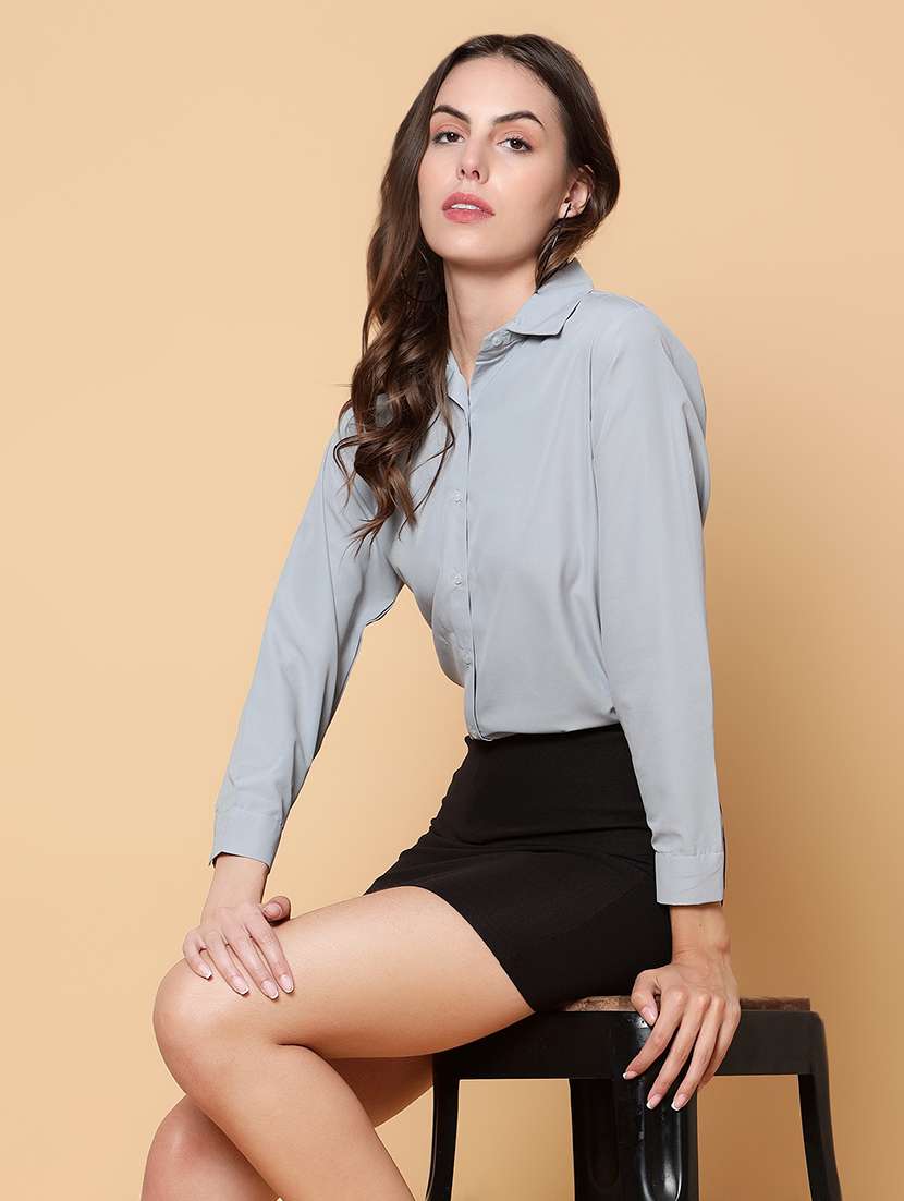 women solid collared long sleeves regular shirt - 21697956 -  Standard Image - 2