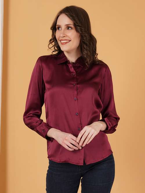 maroon satin regular shirt - 21697963 -  Standard Image - 0