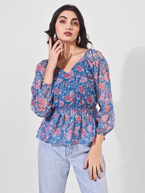 women floral printed puff sleeve peplum top - 21697977 -  Standard Image - 0