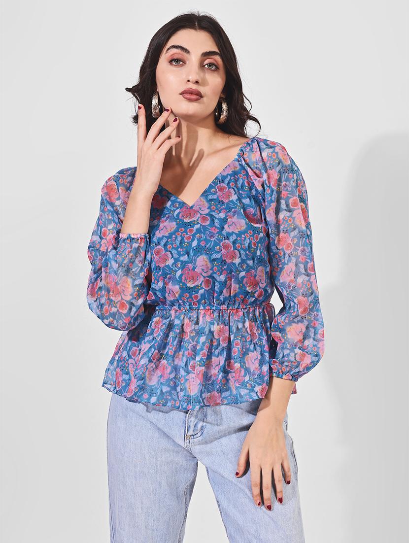 women floral printed puff sleeve peplum top - 21697977 -  Zoom Image - 0