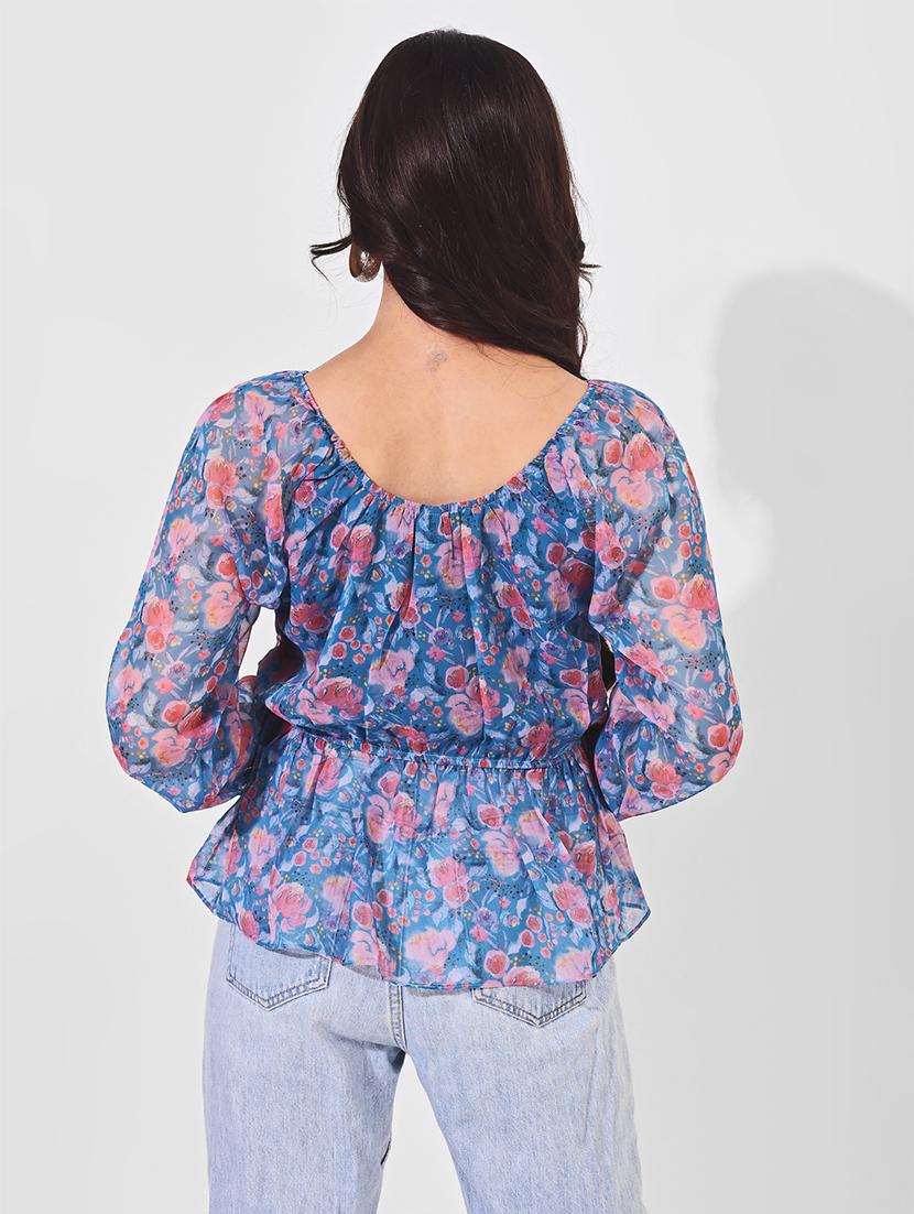 women floral printed puff sleeve peplum top - 21697977 - Standard Image - 2