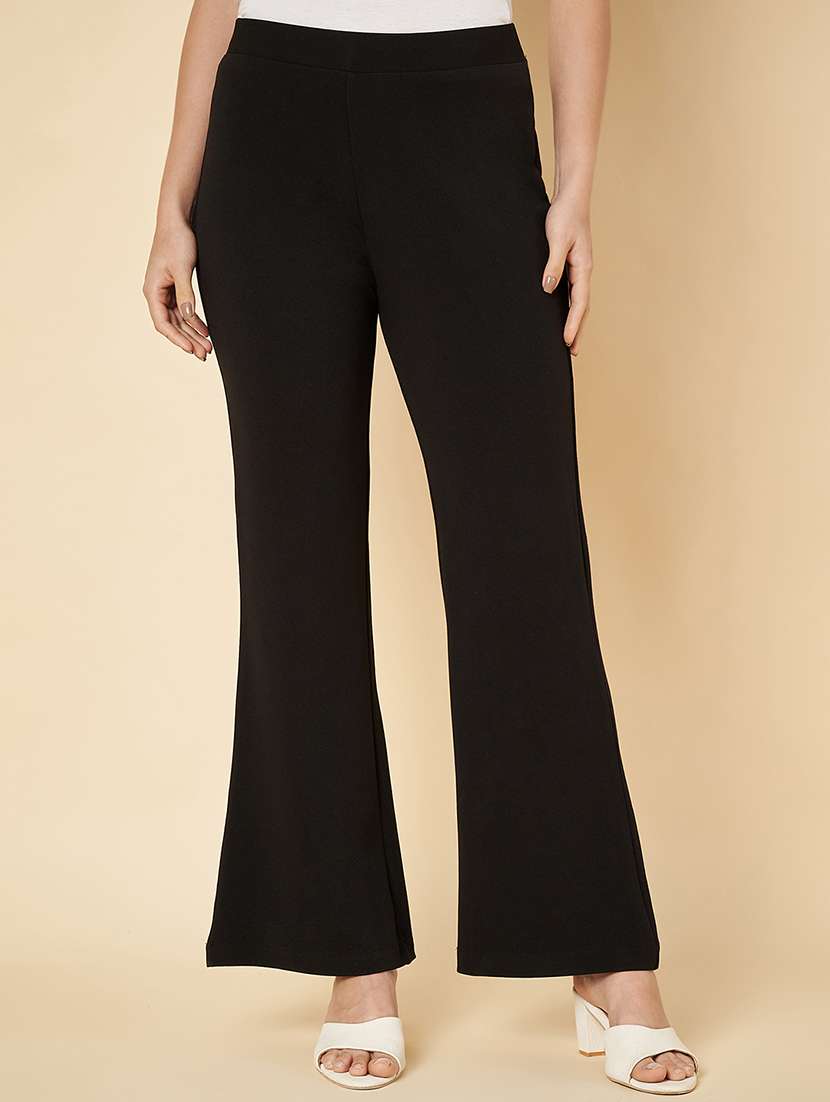 women solid bootcut full length flat front trousers