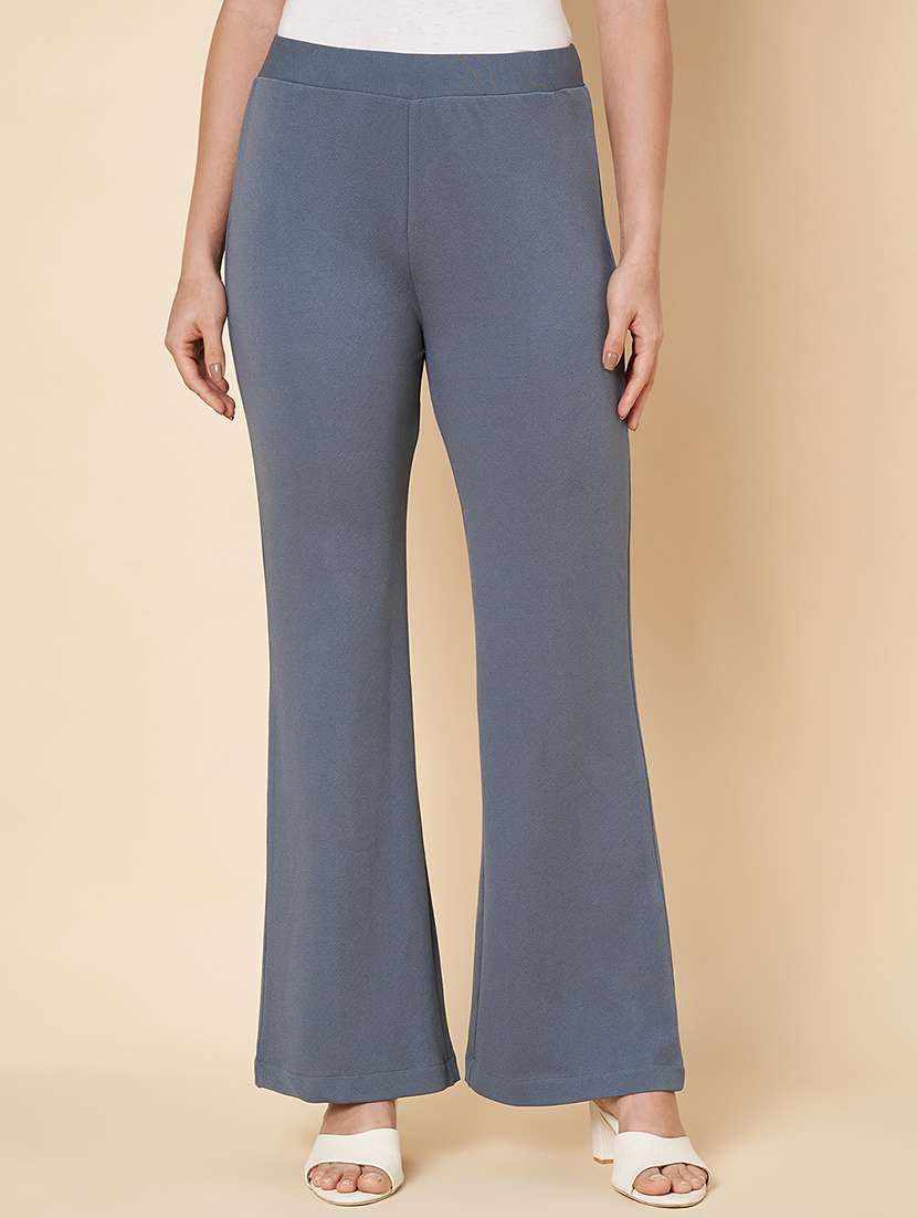women solid bootcut full length flat front trousers