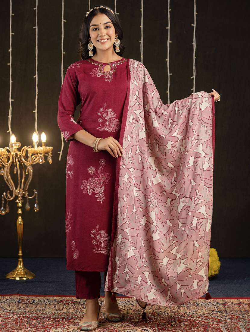 women floral printed key hole neck suit set