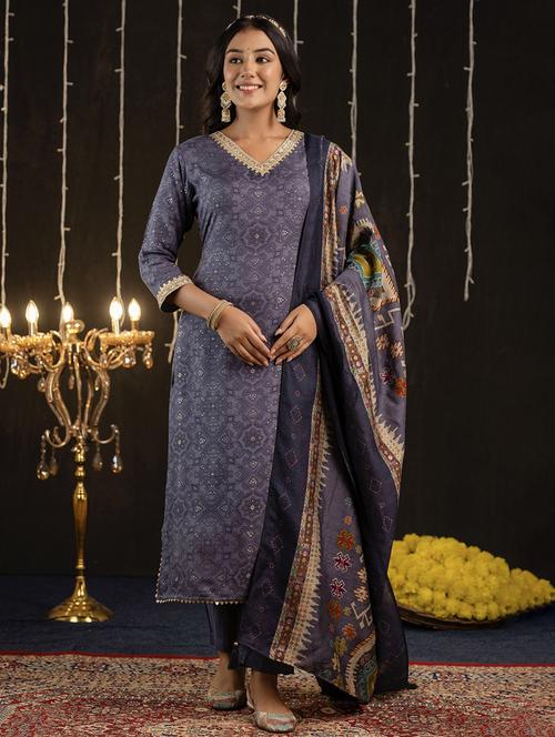 women blue printed v neck suit set - 21698423 - Standard Image - 0