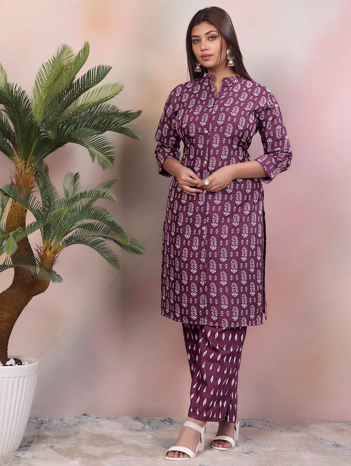 women three quarter sleeve kurta palazzo set