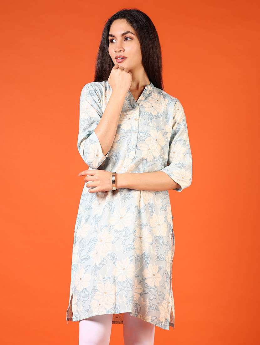 women printed three quarter sleeve straight kurta