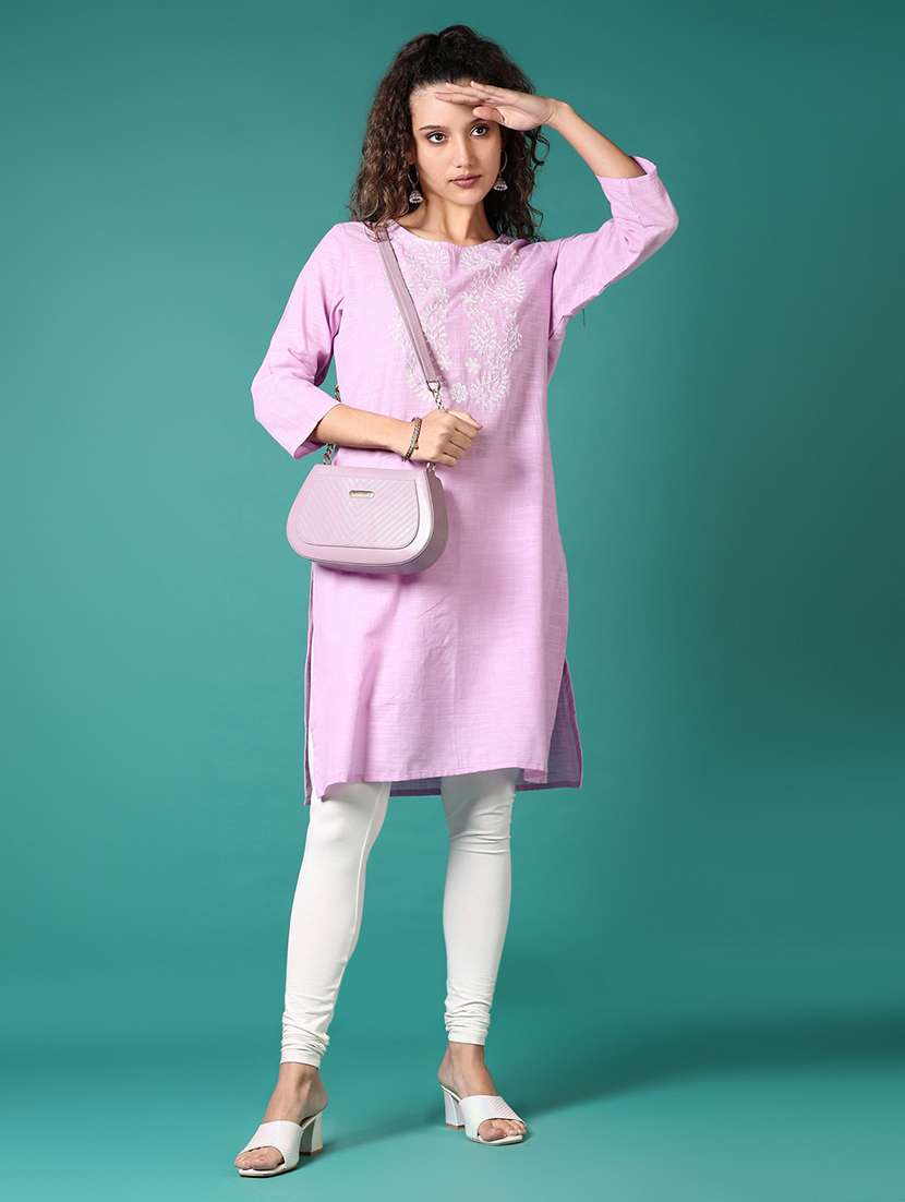 women embroidered three quarter sleeve straight kurta
