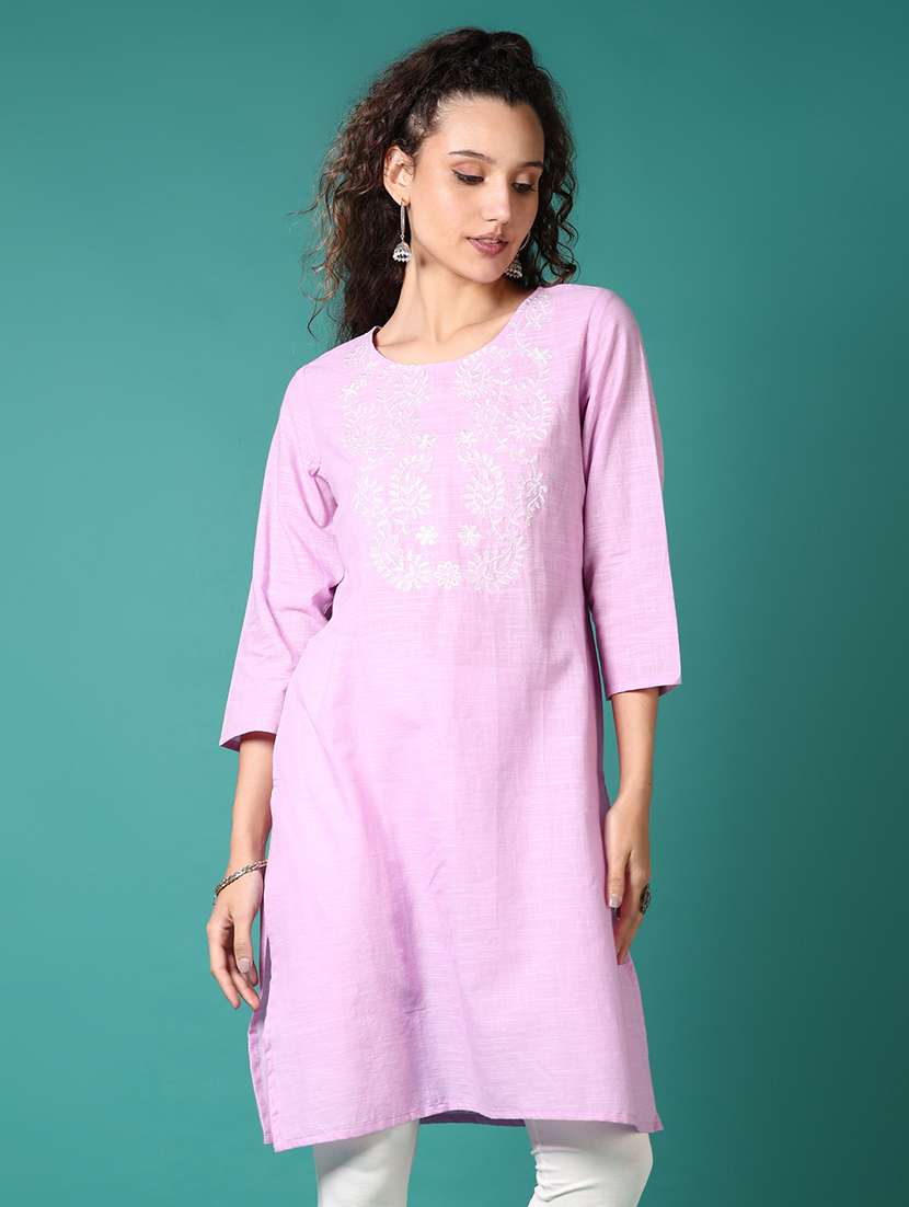 women embroidered three quarter sleeve straight kurta - 21698899 - Standard Image - 2