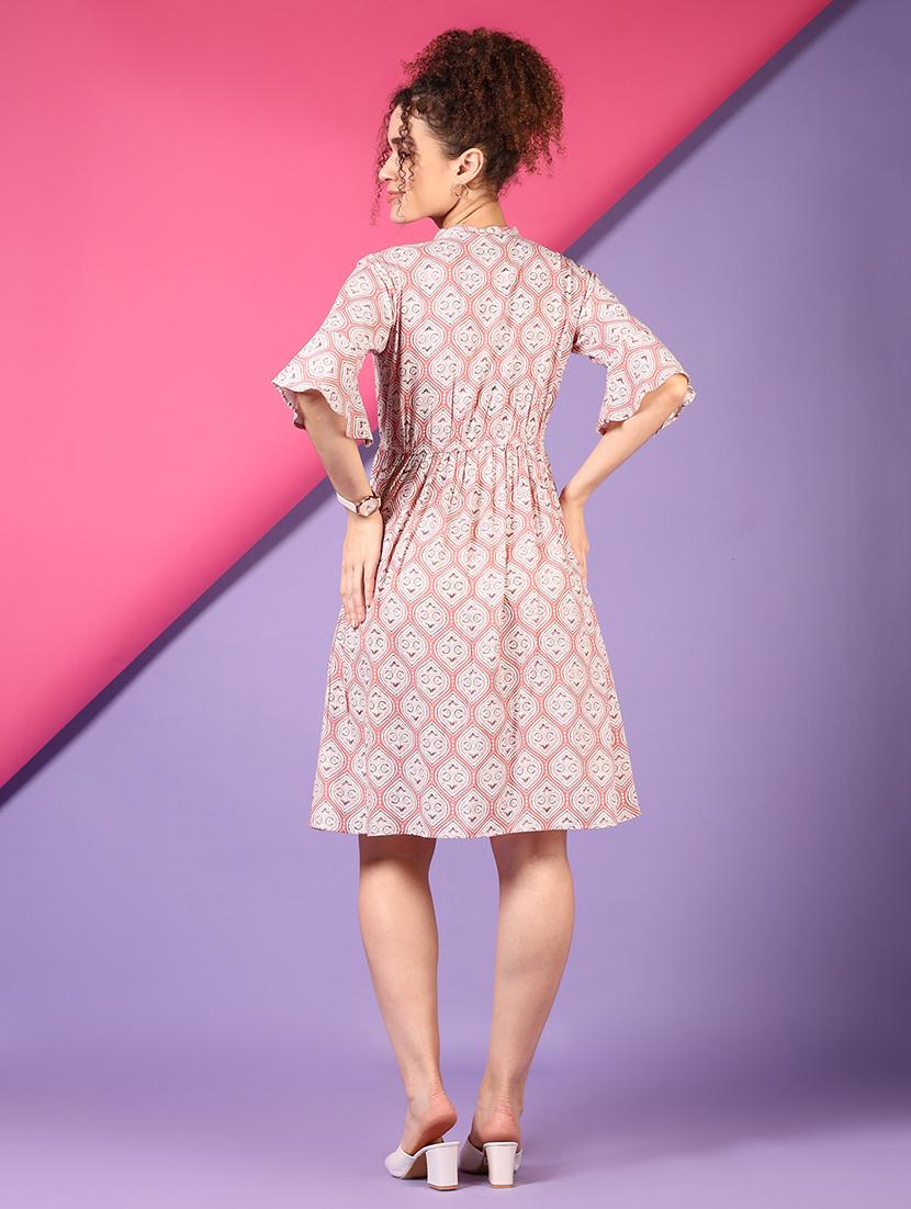 women peach printed elbow sleeve fit & flare dress - 21698901 - Standard Image - 2
