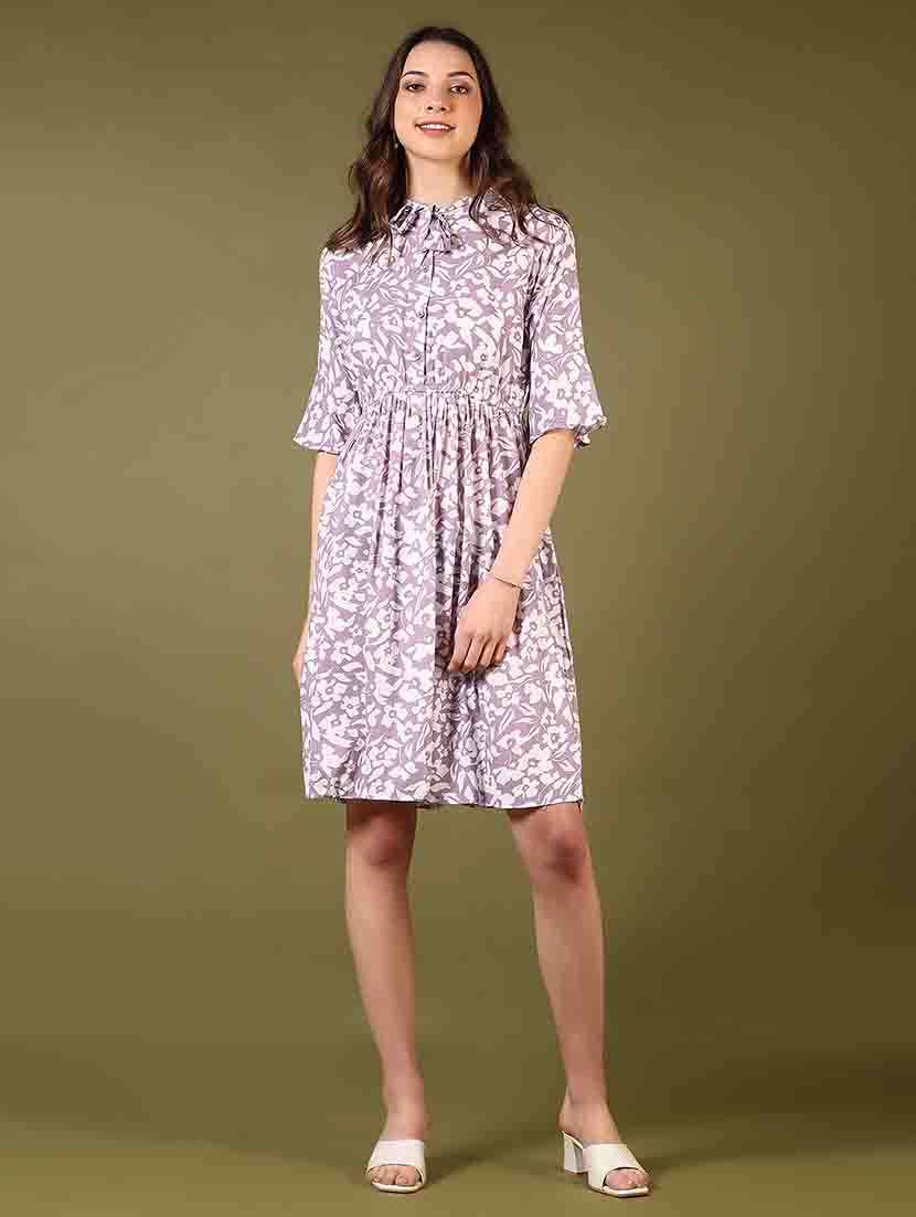 women tie up neck floral printed fit & flare dress