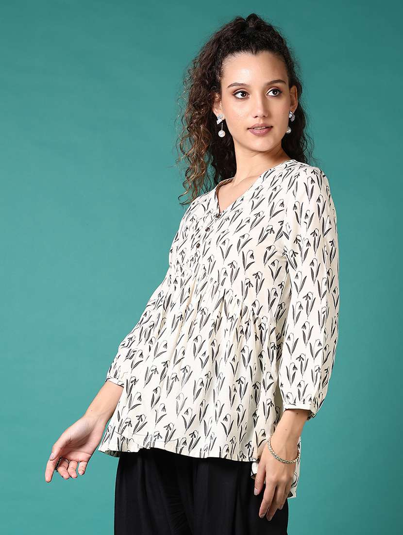 women off white printed v neck flared kurti - 21698909 -  Standard Image - 2