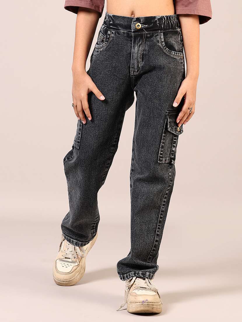 girls grey mid rise denim cargo